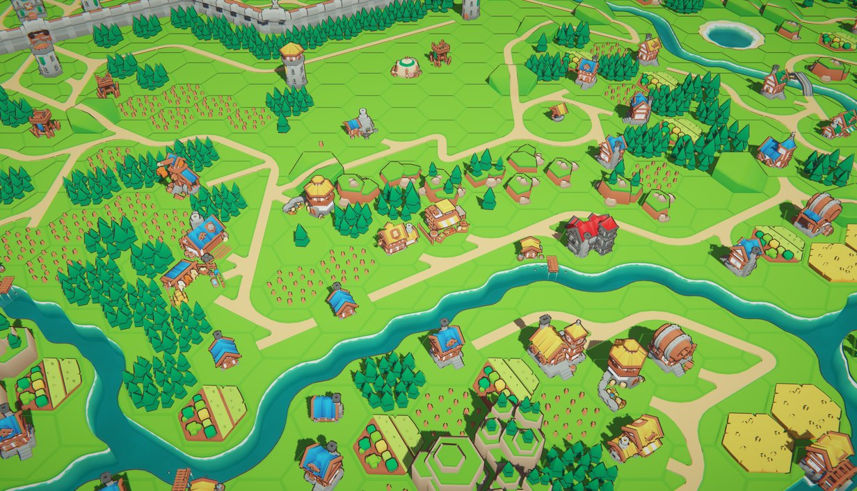 A village in Hex and Hearth: houses, fields and a river on green hexes