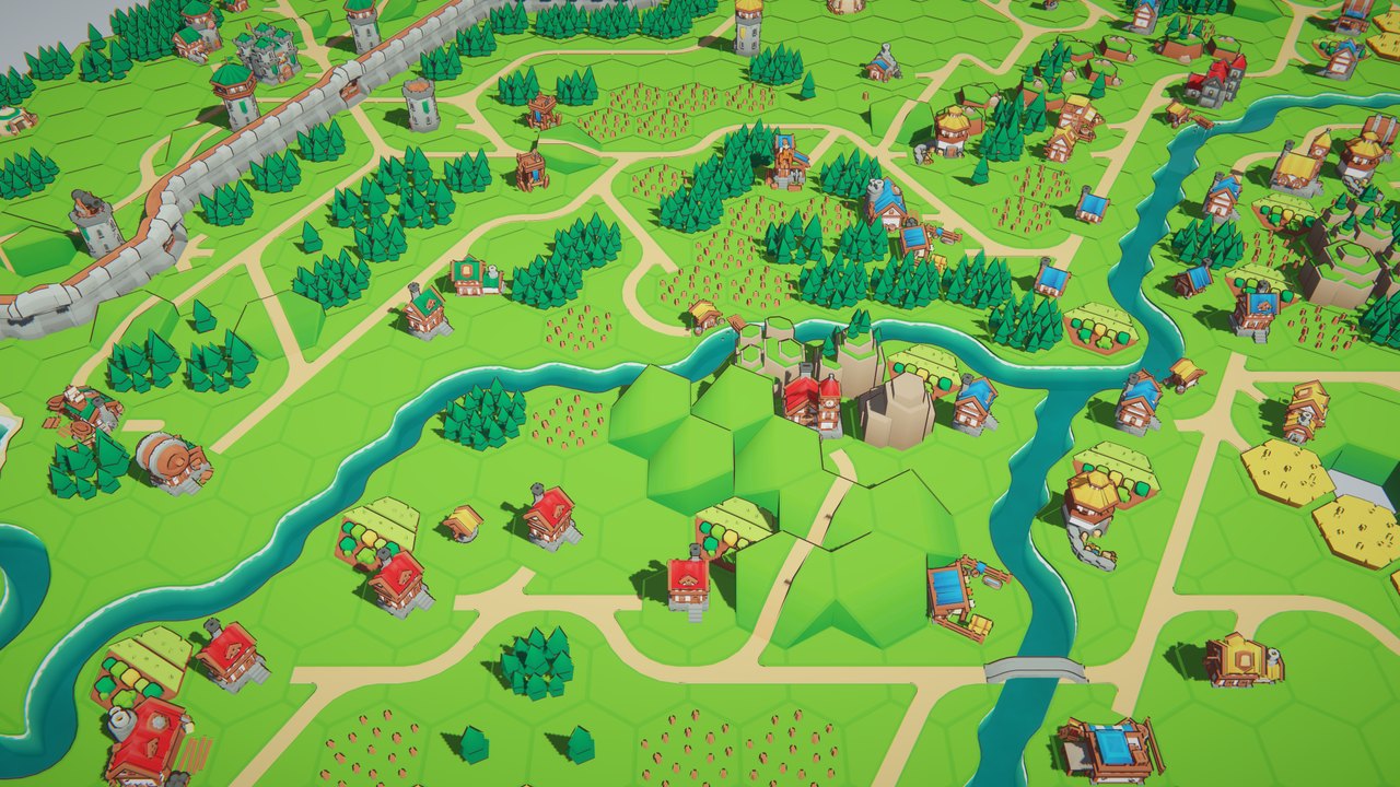A river winding between farms and houses in Hex and Hearth